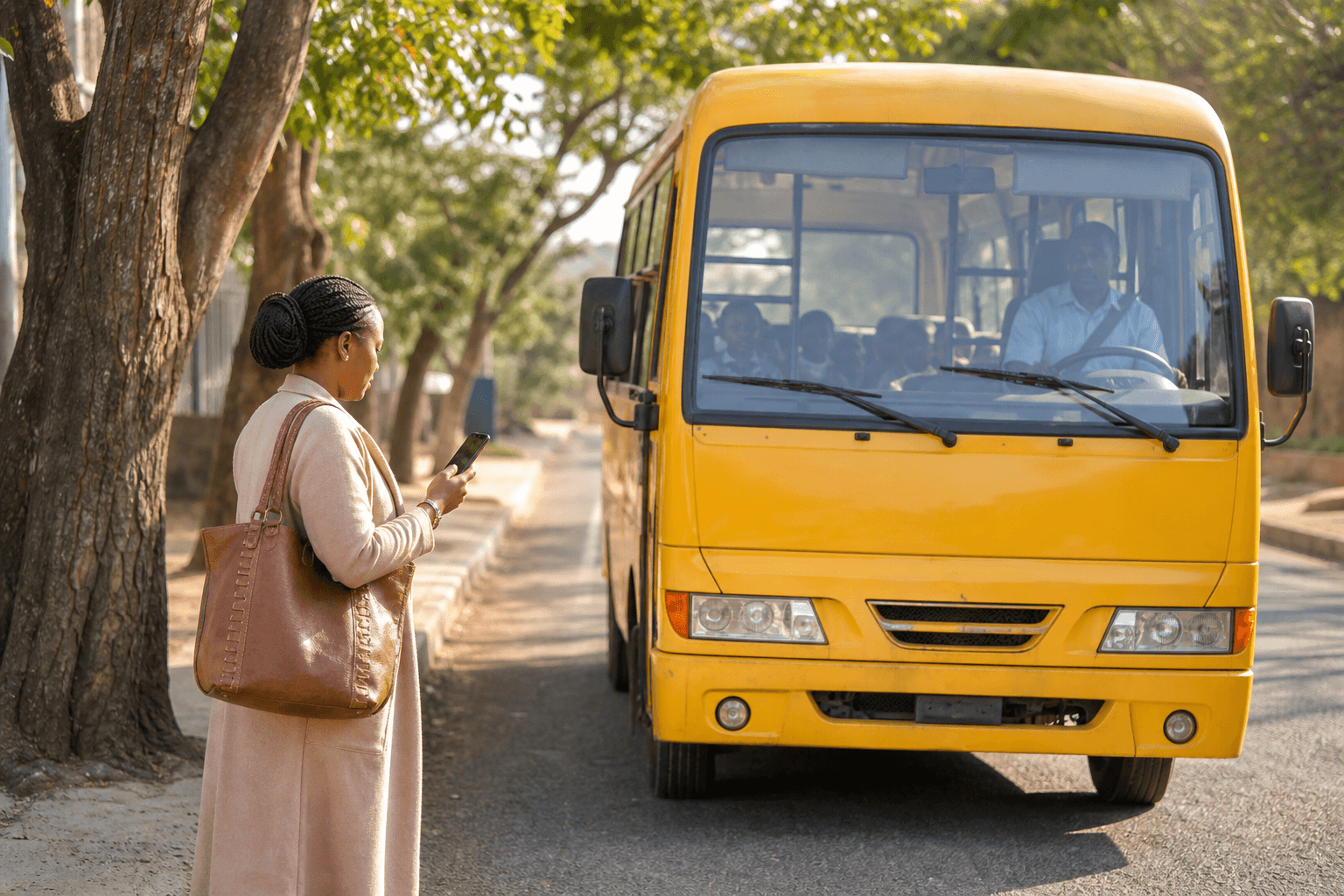 Parent checking a smartphone beside a yellow school bus on a tree-lined road