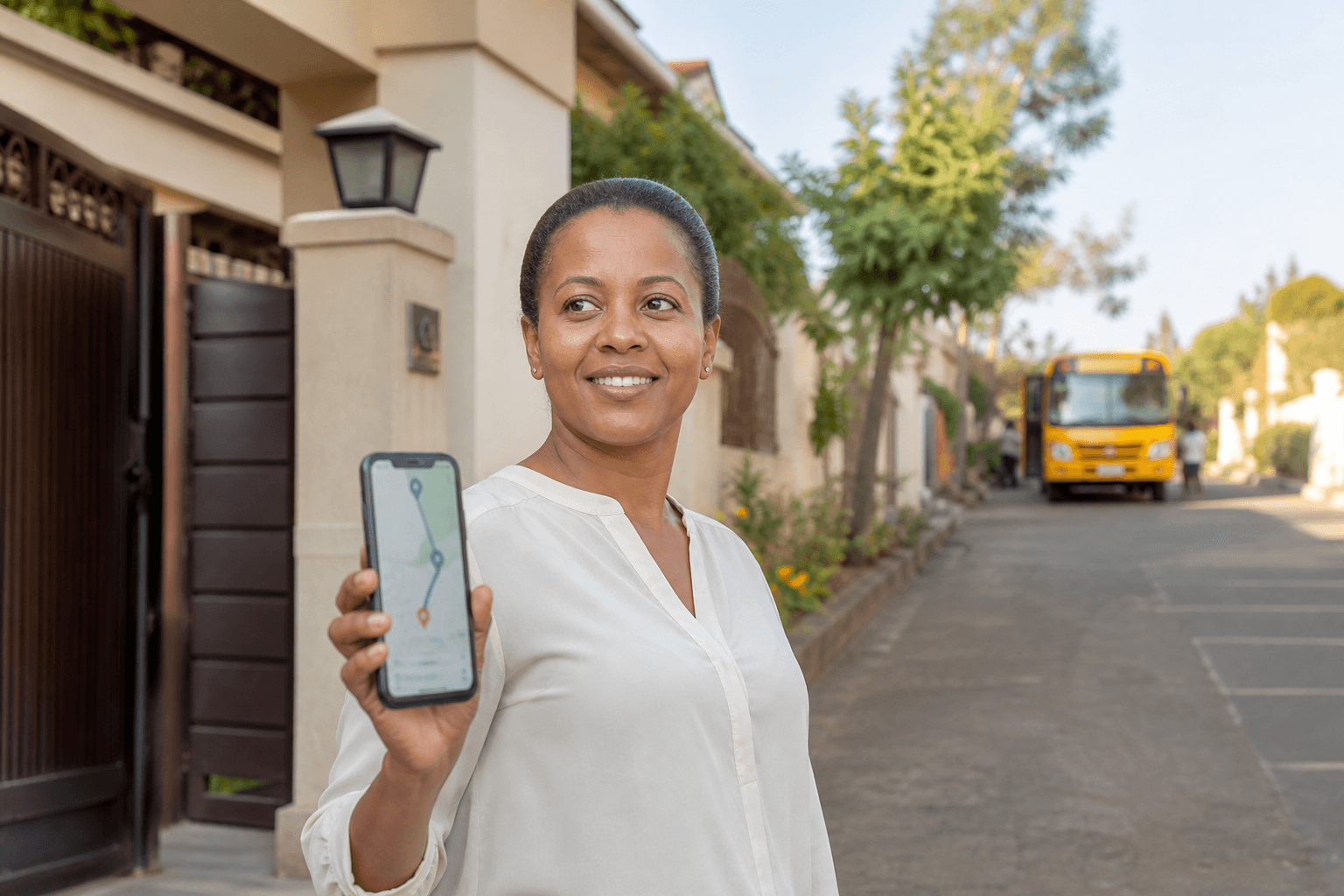 Parent smiling while checking a phone as a school bus approaches down the street