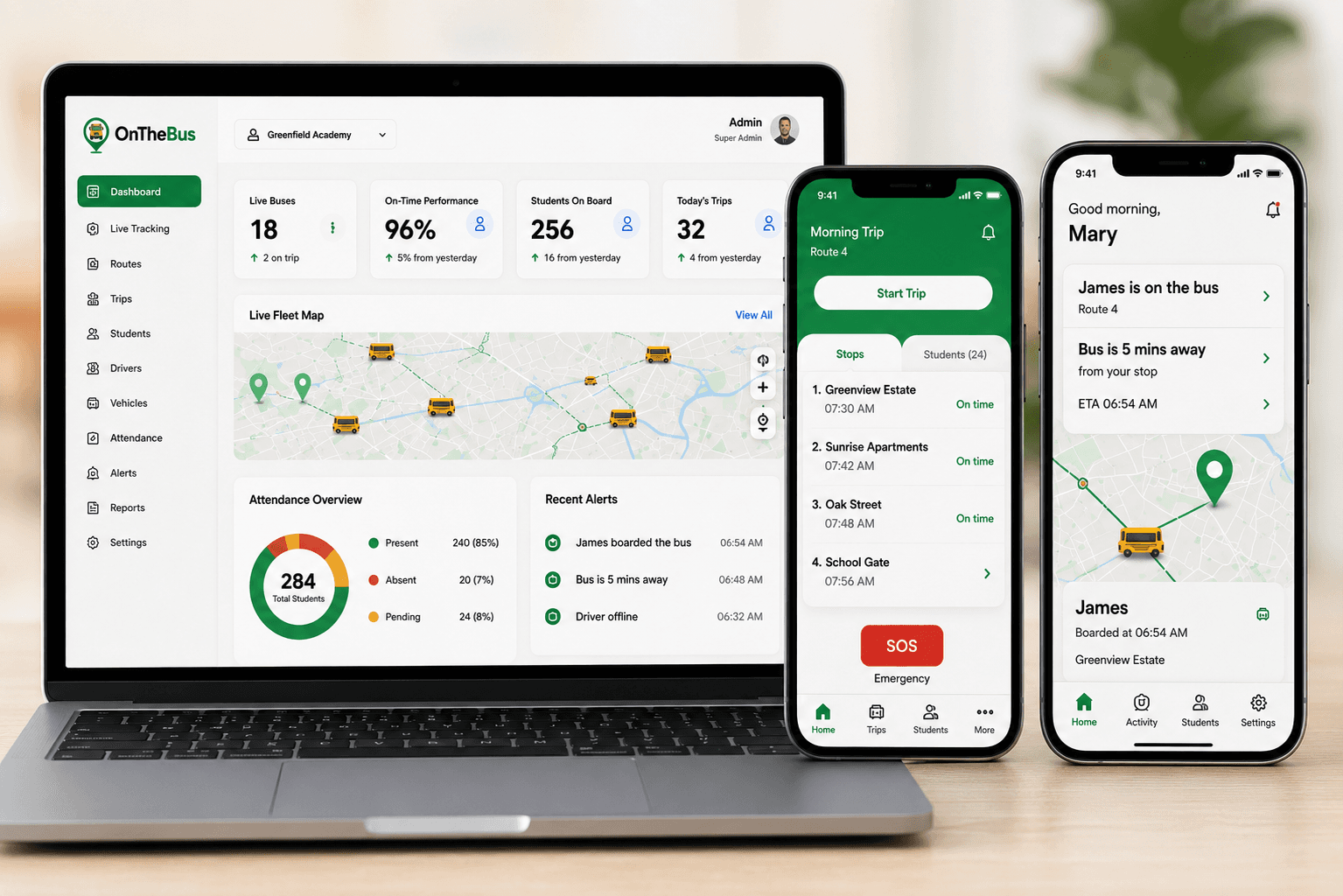 OnTheBus admin dashboard with live fleet tracking, driver app, and parent app