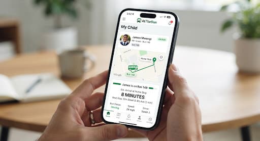 Parent tracking a school bus and viewing its estimated arrival time in the OnTheBus mobile app